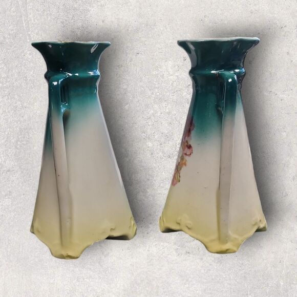 Pair Vintage Czechoslovakian Double Handle Bud Vases Hand Painted Roses Teal - Picture 2 of 8